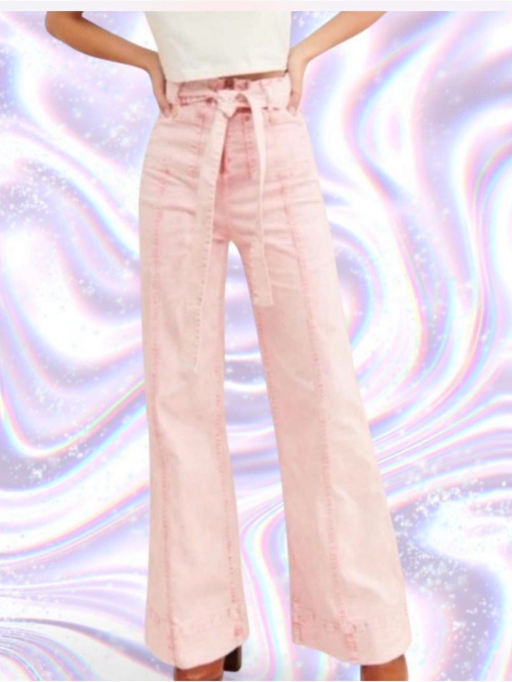 Alice McCall Pastel Pink Wide-Leg Jeans with Tie Waist